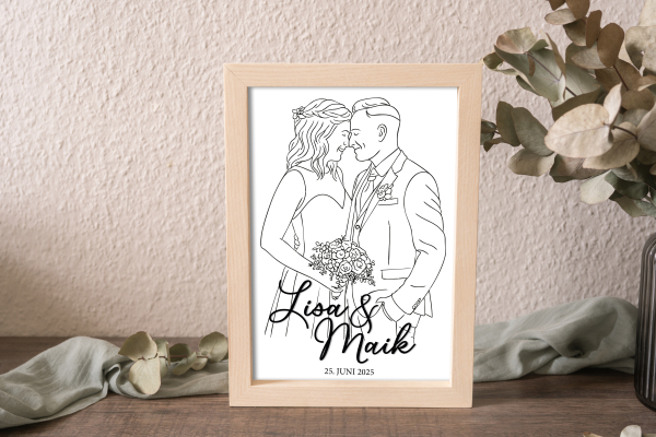 Brautpaar Holzschild aus Eschenholz mit personalisierter Zeichnung und 3D-Acryl-Schriftzug – stilvolles Hochzeitsgeschenk